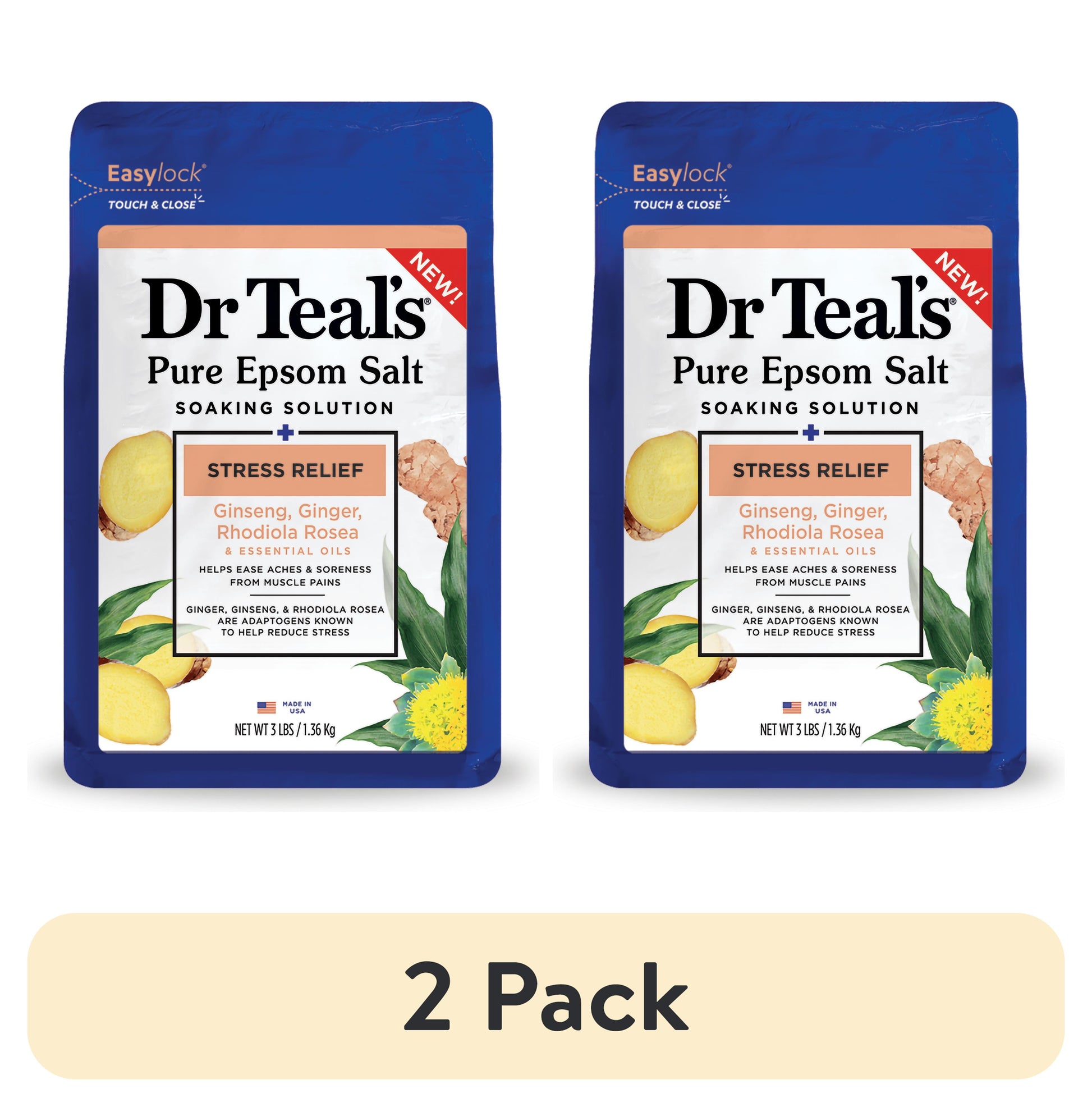 (2 Pack)  Epsom Salt Magnesium Soak, Stress Relief with Ginseng & Ginger, 3 Lbs