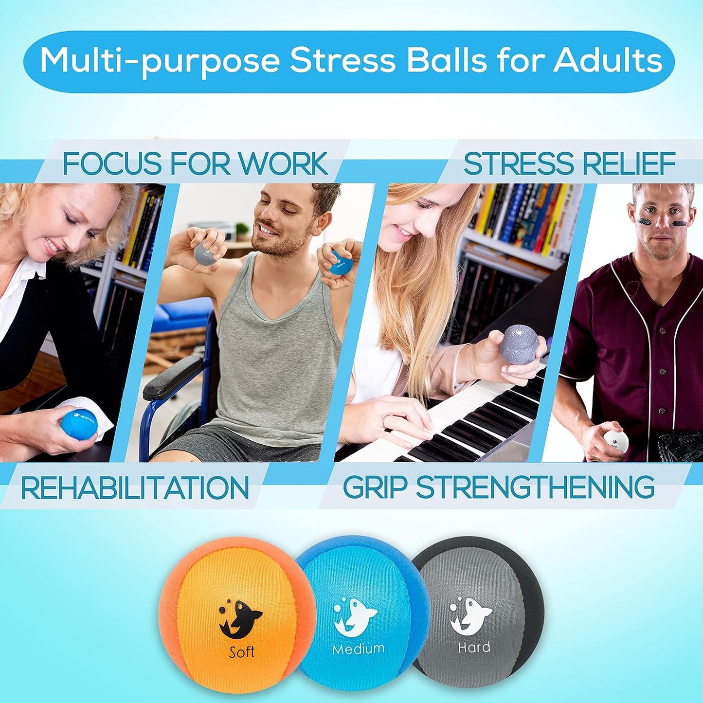 Hand Therapy Exercise Stress Ball Bundle - Tri-Density Stress Balls for Adults & Grip Strengthening