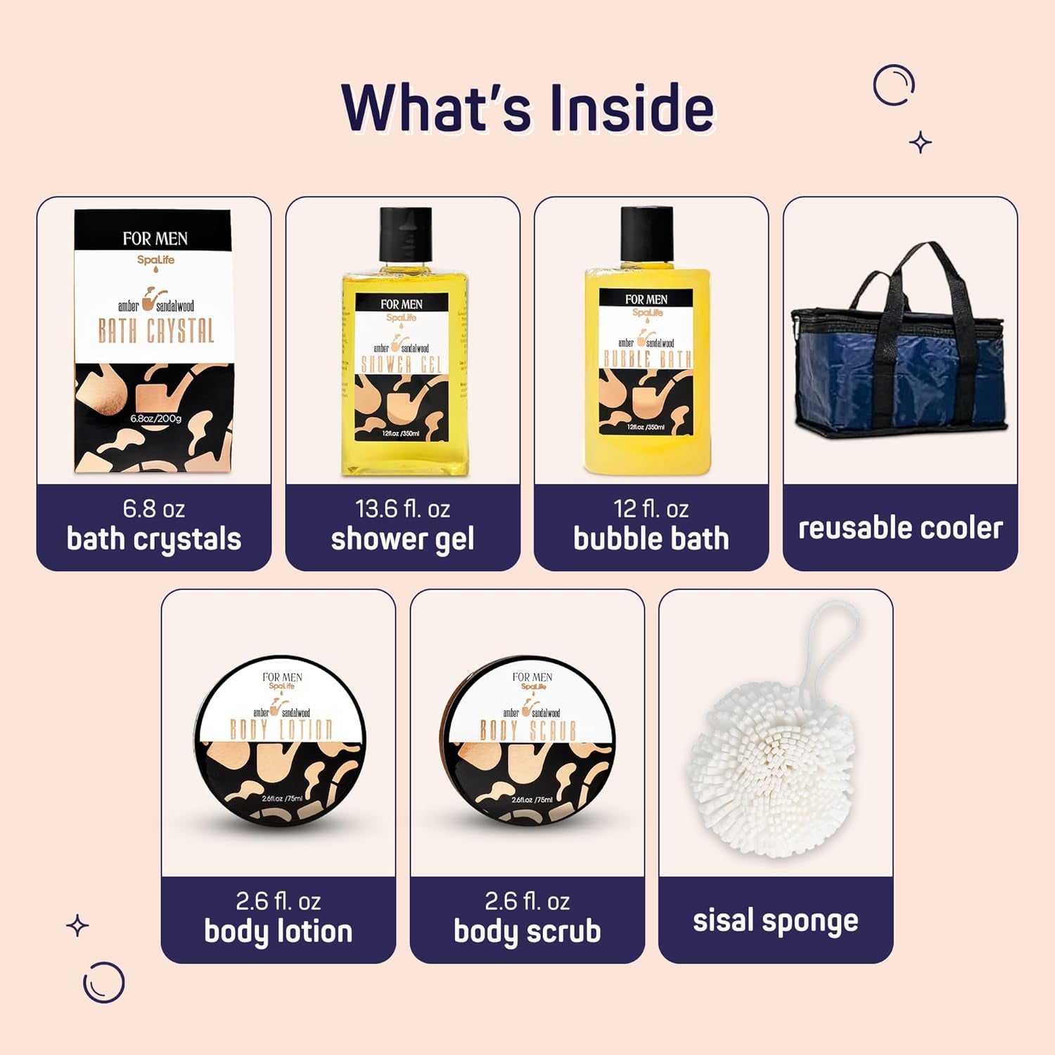 Luxury Spa Skincare Sandalwood Gift Set for Men | Mens Body Wash Gifts | Mens Gift Set for Bath and Body | Christmas Gifts for Men | Cleansing, Moisturizing, Exfoliating | 7-Piece Bundle