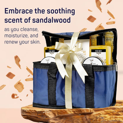 Luxury Spa Skincare Sandalwood Gift Set for Men | Mens Body Wash Gifts | Mens Gift Set for Bath and Body | Christmas Gifts for Men | Cleansing, Moisturizing, Exfoliating | 7-Piece Bundle